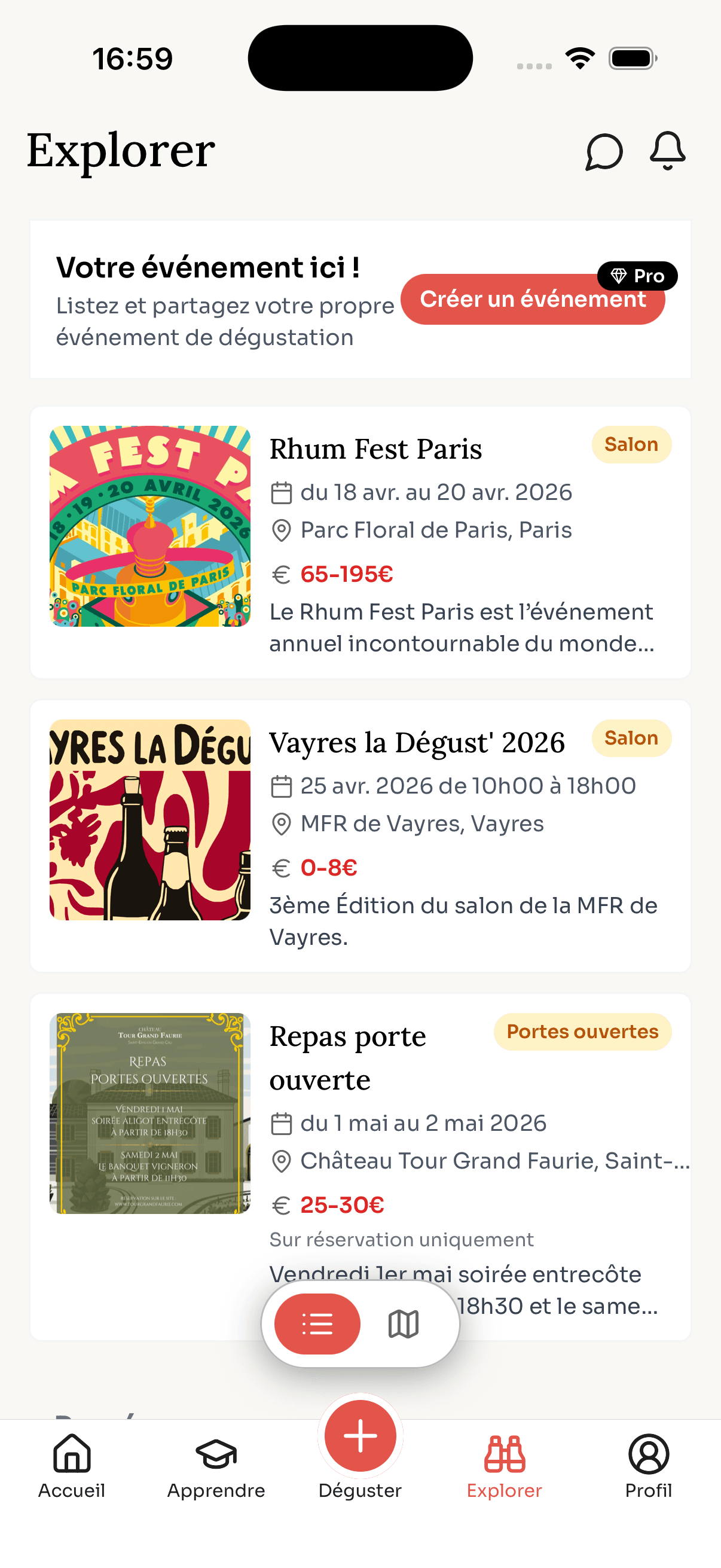Trouve les événements autour de toi.