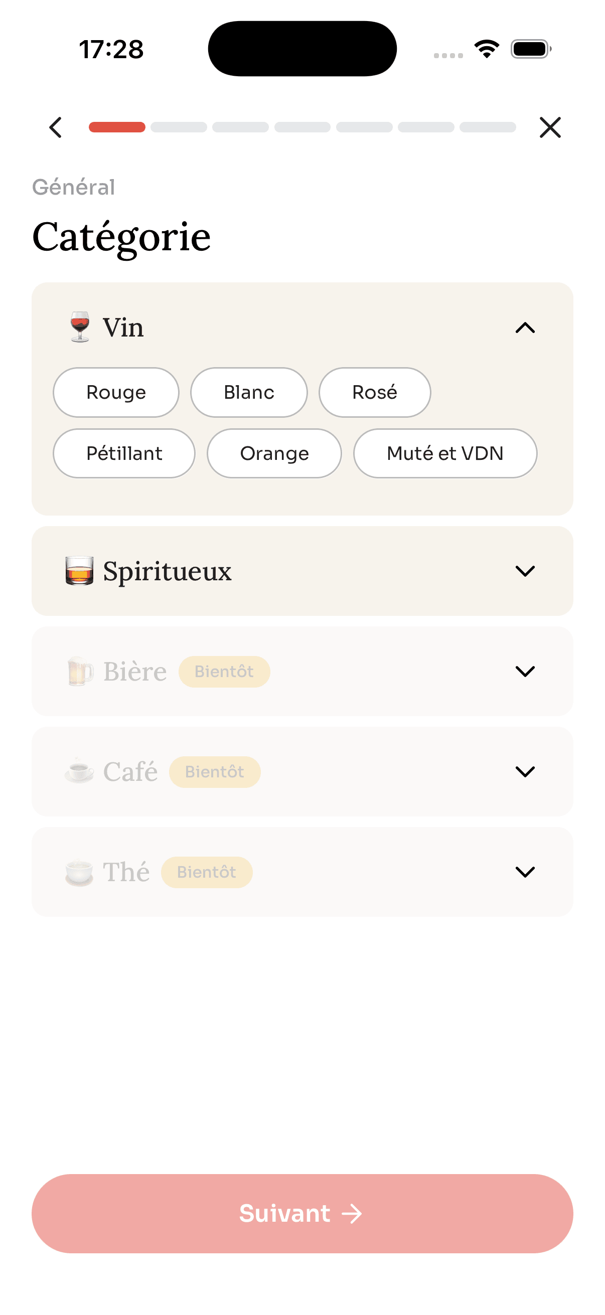 Vin · Spiritueux · Café · Thé · Bière